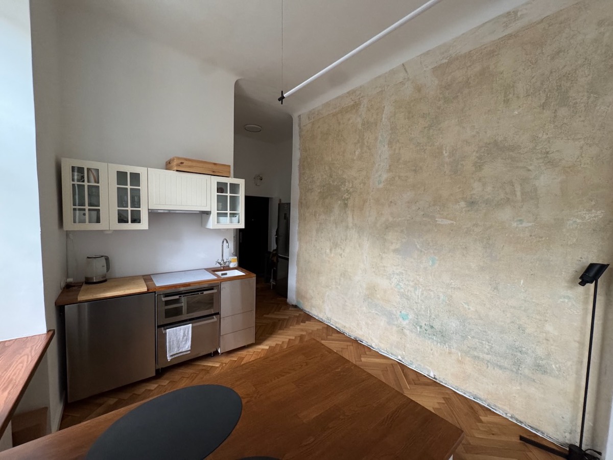 Kitchenette with cream cabinets facing the raw 1913 plaster wall under a high ceiling
