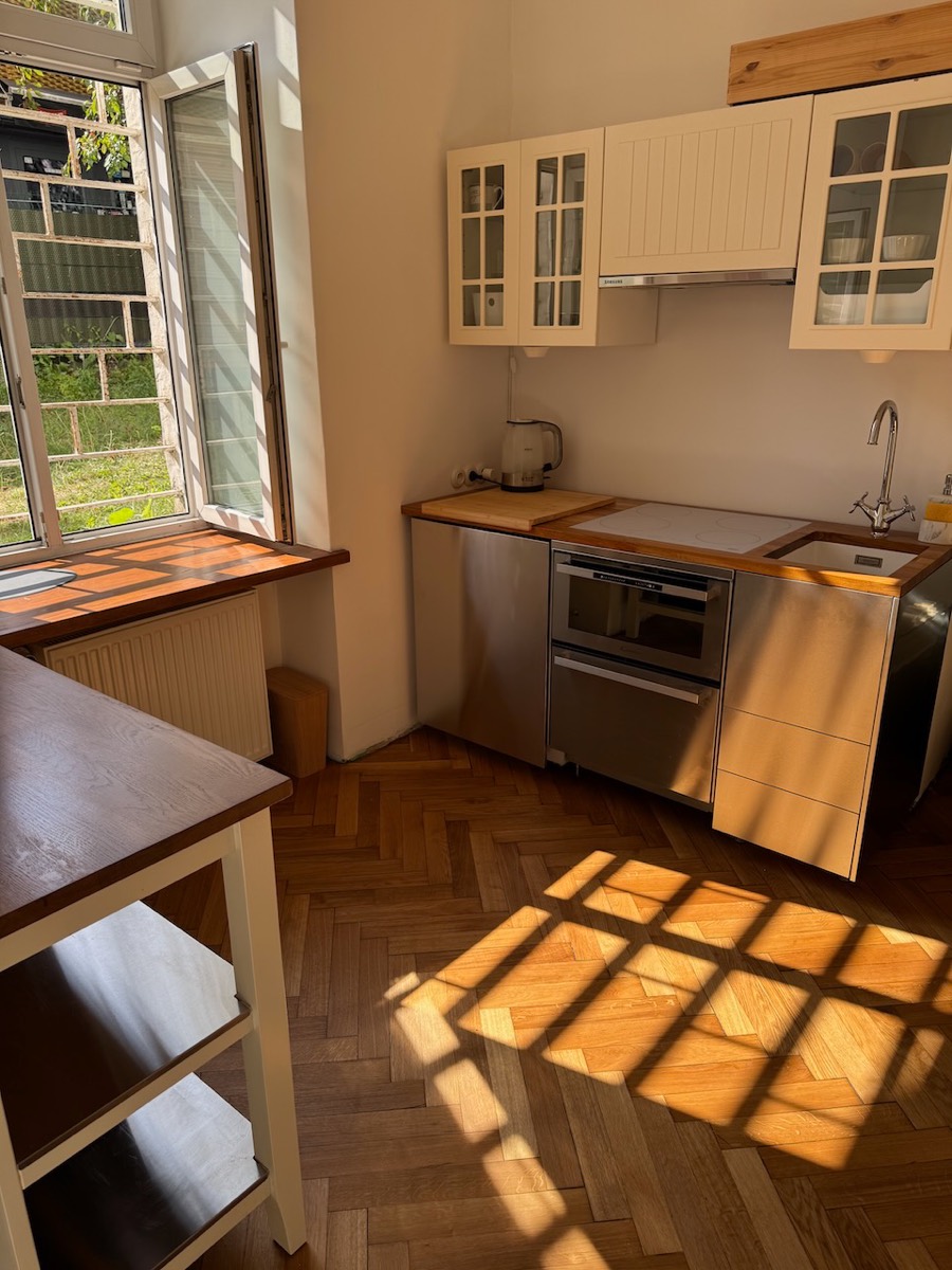 Kitchenette with glass-front cabinets, oven and dishwasher, afternoon sun on the parquet